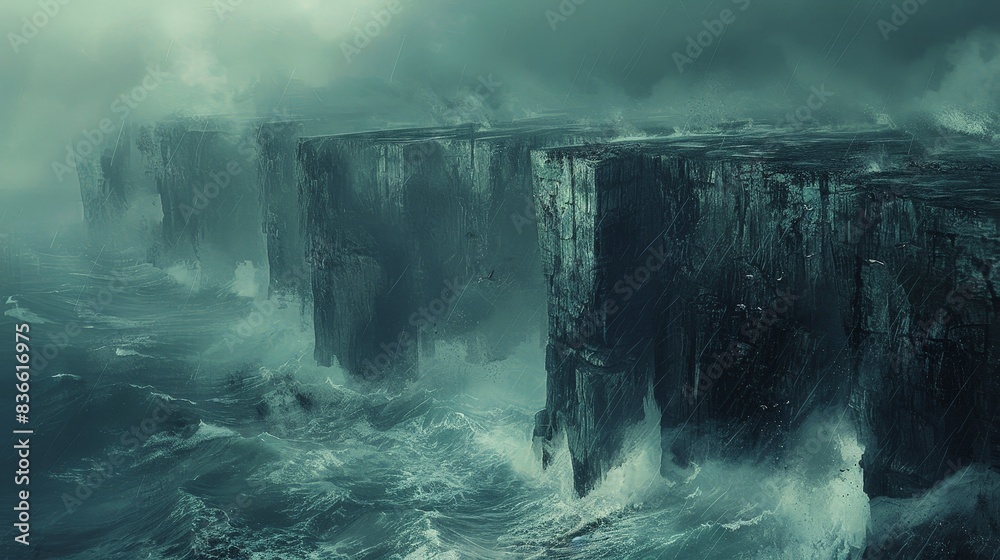 Foreboding Simple Drawing Ominous cliffs rising sharply from a dark, stormy sea. The jagged edges ...