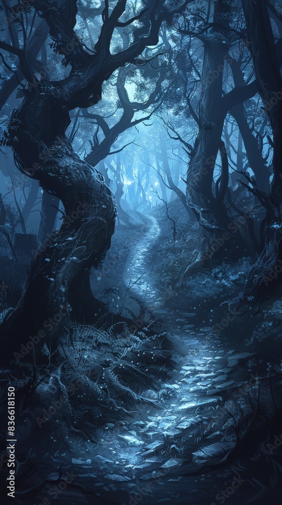 A haunted forest illustration showing a narrow, winding path leading ...