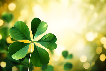 Sticker - Close-up of a four-leaf clover with green and gold coloring. The clover rests on a green and gold background that echoes its colors.