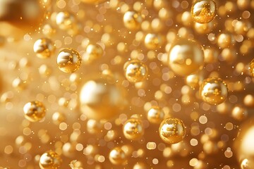 gold background with gold spheres floating in the air, abstract art style, shiny and reflective surface material