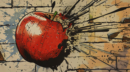 A broken apple on a wall with a splash of paint
