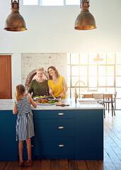 Poster - Cooking, care or girl with mother and grandmother in kitchen for learning, love and bonding in their home together. Food, nutrition or grandma teaching kid traditional, recipe or healthy meal balance