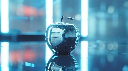 A shiny apple is sitting on a dark surface