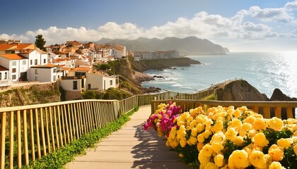 Wall Mural - view of the region sea from the castle, view of bay, sunset over the sea, view of the city of kotor country, Seaside town in Spain with flowers, fences and ocean 