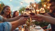 © Business Pics - Happy friends having fun outdoor. Group of. friends having backyard dinner party together. Young people sitting at bar table toasting wine glasses in vineyards garden. digital ai