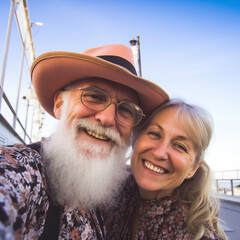 Senior mature couple of tourist enjoy cruise sailing in tropical destination over ocean. Luxury funny holiday summer vacation lifestyle people. Man and woman taking selfie picture on the boat