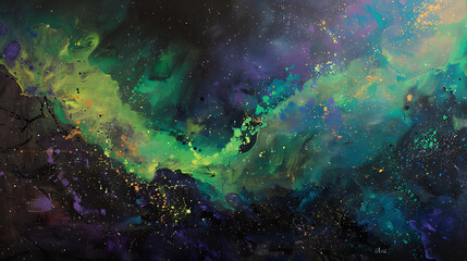 Canvas Print - A painting of a green and purple space with stars and a nebula