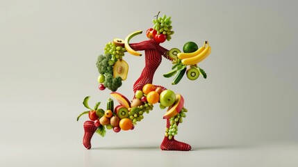 Wall Mural - Running man made from fruit and vegetables. Concept on theme of healthy lifestyle.