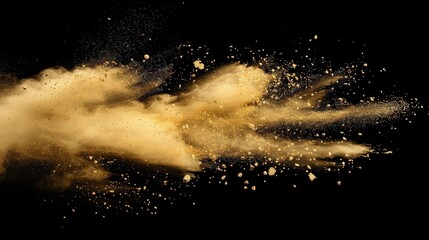 A vibrant explosion of gold powder erupts against a stark black background, creating a mesmerizing cloud of particles that dance and swirl in mid-air. golden yellow powder explosion on a black.