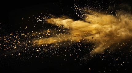 A vibrant explosion of gold powder erupts against a stark black background, creating a mesmerizing cloud of particles that dance and swirl in mid-air. golden yellow powder explosion on a black.