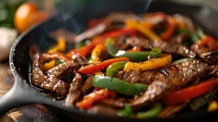 Delicious Stir-Fried Beef with Colorful Bell Peppers and Vegetables in a Skillet