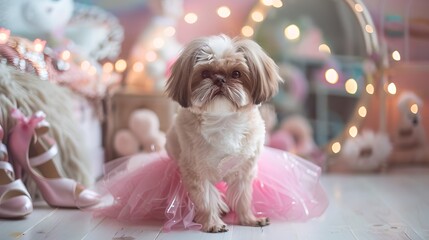 Cute Shih Tzu Dog in Pink Tutu Resting Near Bright Fairy Lights