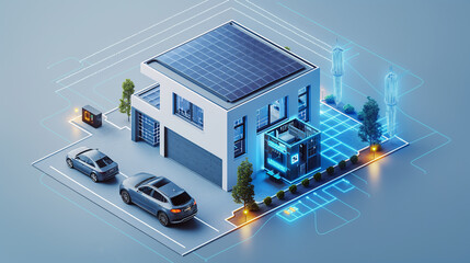 isometric home office electricity with battery energy storage system diagram and quantum computing t