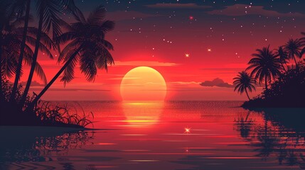 Wall Mural - Tropical Sunset with Palm Trees and Stars