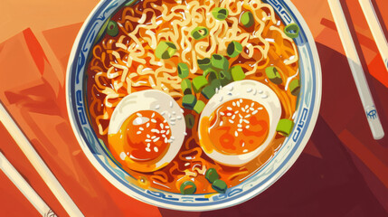 Wall Mural - A bowl of ramen with two eggs in it