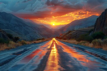 Poster - Low level view of empty old paved road in mountain area at sunset