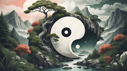 Yin and Yang surrealism illustration with nature influence