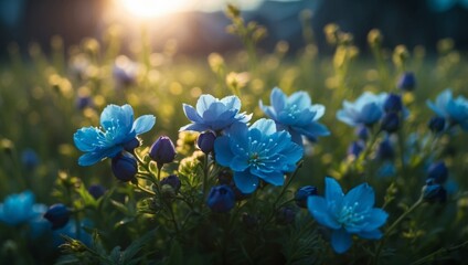 Wall Mural - A cluster of azure blossoms rests atop a verdant meadow with the sun sinking in the background.
