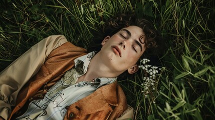 Wall Mural - A man laying in the grass with his eyes closed