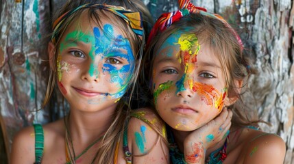 Wall Mural - Two young girls covered in paint posing for a picture