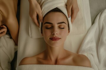 Wall Mural - A high-resolution photograph of an attractive woman receiving a head massage in a spa salon