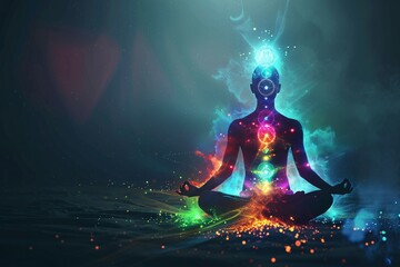 Meditation with glowing chakras and aura, symbolizing spiritual illumination