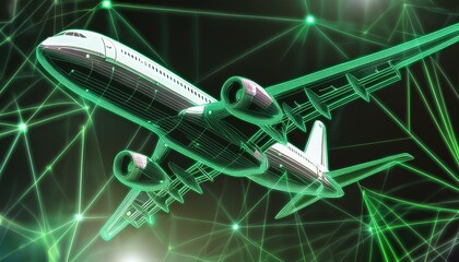 Wall Mural - airplane in the sky, wallpaper airplane in the night, airplane in the sky, airplane in space, Delivery plane flying, blue and green thin technology lines 