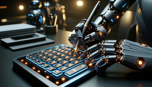 AI using keyboard, future, futuristic illustration of robot typing on the keyboard. Dark theme, Orange Accents