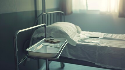 Poster - Personal items tray beside a hospital bed, close-up in fog, deserted, soft focus, dawn light 