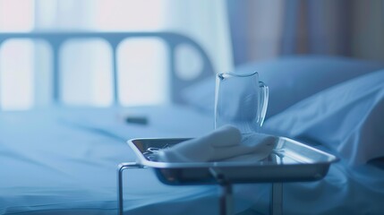 Wall Mural - Personal items tray beside a hospital bed, close-up in fog, deserted, soft focus, dawn light 