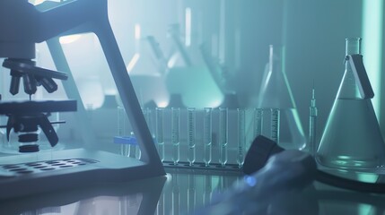 Poster - Genetic testing equipment in a lab, close-up in dense fog, no humans, soft focus, night ambiance 