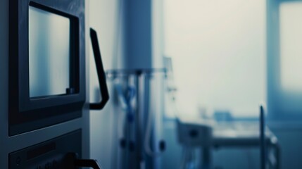 Poster - Close-up of a remote patient monitoring system, foggy, deserted, soft focus, early morning light