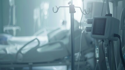 Poster - Close-up of a remote patient monitoring system, foggy, deserted, soft focus, early morning light
