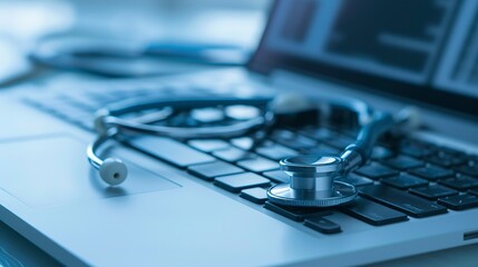 Poster - E-health patient data encryption on a laptop, close-up, foggy with no humans, dim twilight