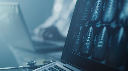 Poster - E-health patient data encryption on a laptop, close-up, foggy with no humans, dim twilight