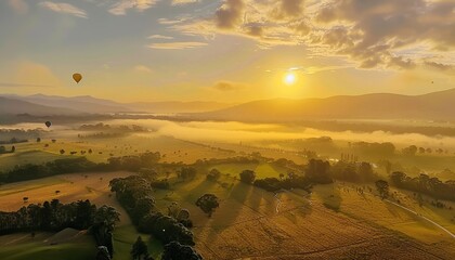 Wall Mural - Glowing Horizons: A Magical Sunrise Hot Air Balloon Ride above Yarra Valley, Victoria, Australia