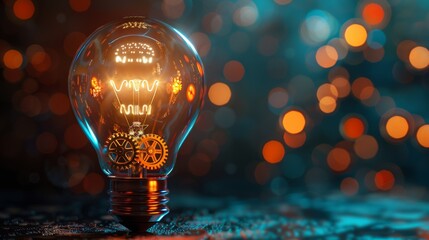 Wall Mural - Creativity and Design: A 3D vector illustration of a lightbulb with gears and a computer chip inside