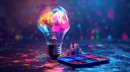 Wall Mural - Creativity and Design: A 3D vector illustration of a lightbulb with a palette and paint tubes inside