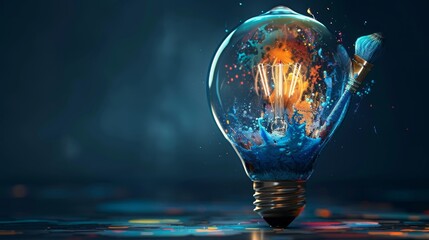 Wall Mural - Creativity and Design: A 3D vector illustration of a lightbulb with a paintbrush inside