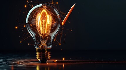 Wall Mural - Creativity and Design: A 3D vector illustration of a lightbulb with a pencil and ruler inside