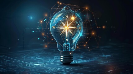 Wall Mural - Creativity and Design: A 3D vector illustration of a lightbulb with a compass and blueprint inside