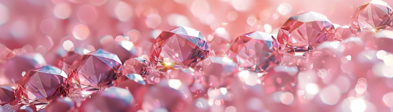 A mesmerizing display of shimmering pink gems, each reflecting light in a unique way, set against a smooth, gradient backdrop.