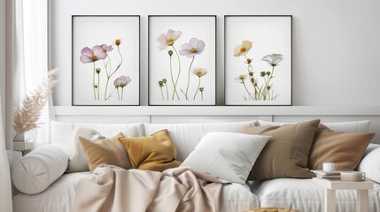 Poster - A living room with a white couch and two framed pictures