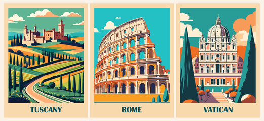 Set of Italy Travel Destination Posters in retro style. Tuscany, Rome, Vatican digital prints. European summer vacation, holidays concept. Vintage vector colorful illustrations.