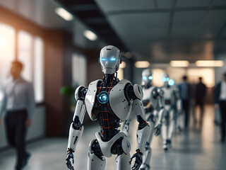 Fototapete - bright business workplace with blur many robot ai and people in walking in blurred motion in modern 