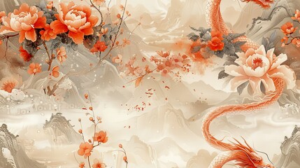 repetitive pattern of oriental brown chinese dragon art with flowers , beige background