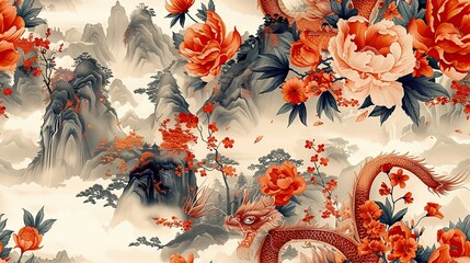 repetitive pattern of oriental brown chinese dragon art with flowers , beige background