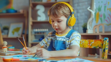 Wall Mural - The boy with yellow headphones