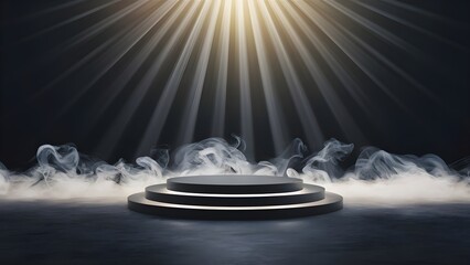 Elegant Black Podium Background, Glowing Smoke and Spotlight, Minimal Natural Background for Product Presentation or Display. Luxury Black Pedestal. Empty Platform with Copy Space