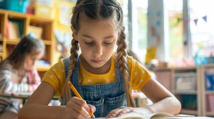 Wall Mural - The focused schoolgirl writing